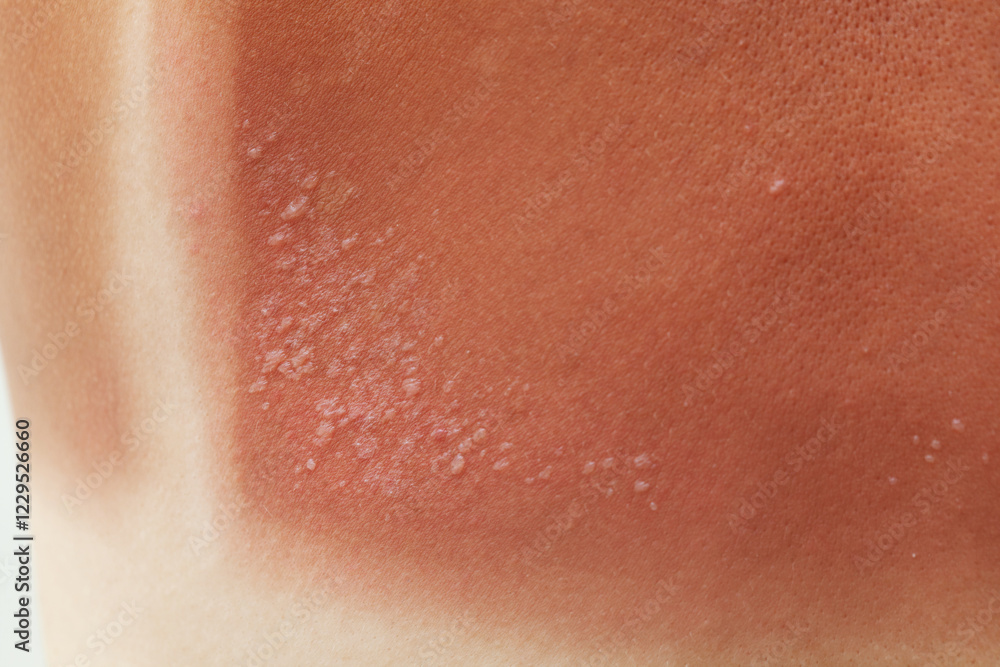 Fototapeta premium A woman with reddened, itchy skin after sunburn on white isolated background. Skin care and protection from the sun's ultraviolet rays.