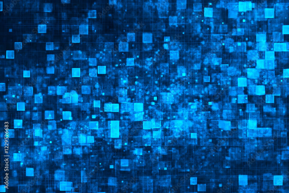 Abstract Blue Technology Background with Glowing Squares and Grid Pattern Creates Futuristic Vibe for Digital Projects