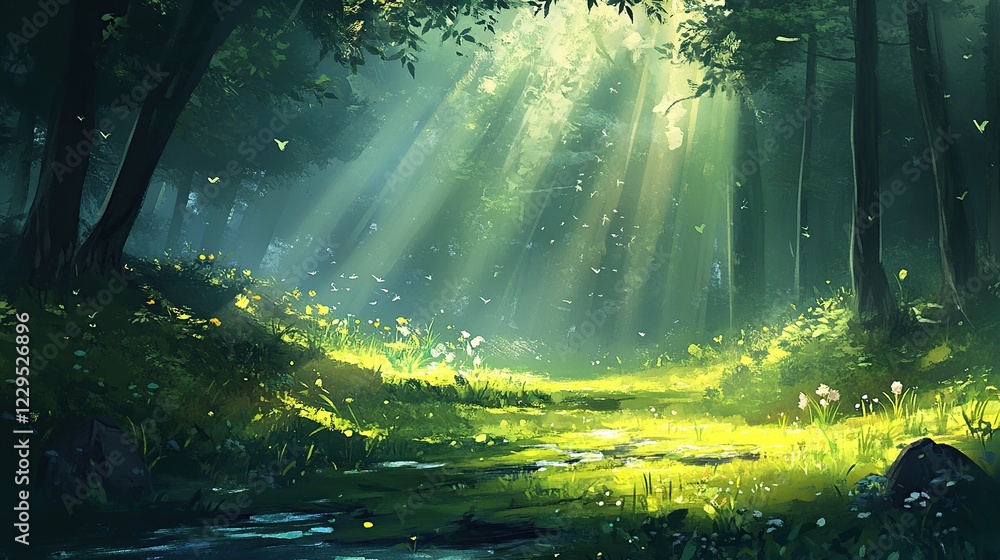 Sunbeams illuminate enchanted forest path, butterflies flutter, nature background, fantasy game design Sunbeams illuminate enchanted forest path, butterflies flutter, nature background, fantasy game design