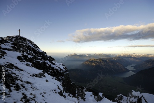 Wintertime sunset with view of the Ammergau Alps, Bergwang, Tirol, Austria, Europe photo