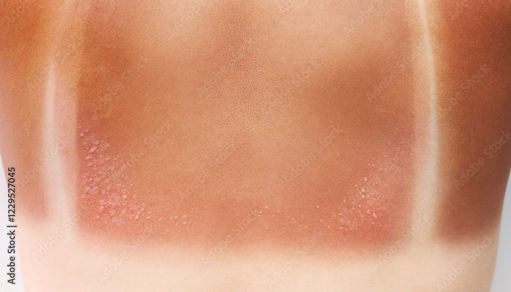 Fototapeta premium A woman with reddened, itchy skin after sunburn on white isolated background. Skin care and protection from the sun's ultraviolet rays.