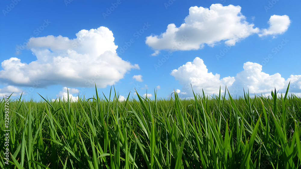 Obraz premium Green grass and blue sky with white clouds