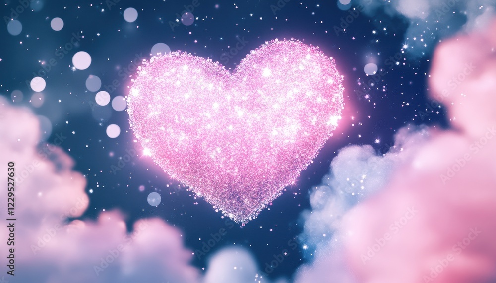Obraz premium Glowing Pink Glitter Heart in Dreamy Night Sky with Clouds