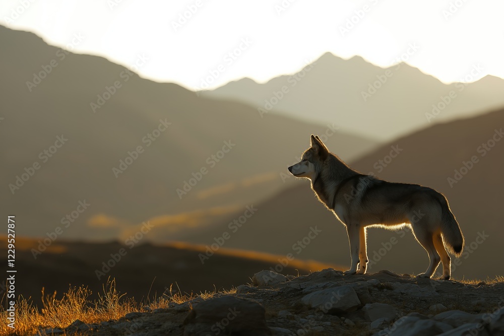 Obraz premium Majestic wolfdog standing on a rocky mountain overlooking a valley at sunset, creating a striking silhouette against the warm hues of the evening sky