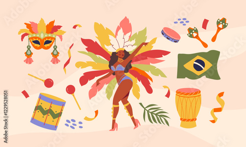 Brazilian Carnival. Set of hand-drawn stickers