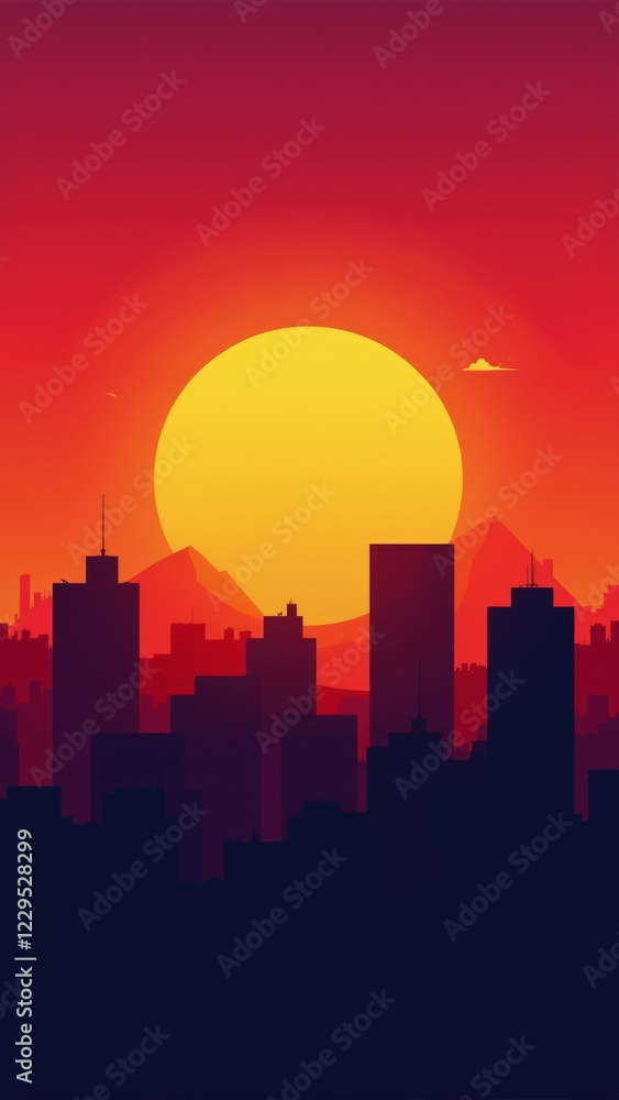 Fototapeta premium City skyline illuminated by a stunning sunset casting shadows at dusk