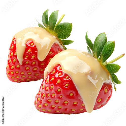 Two ripe strawberries are coated in a creamy yellow sauce, creating a delectable dessert. photo