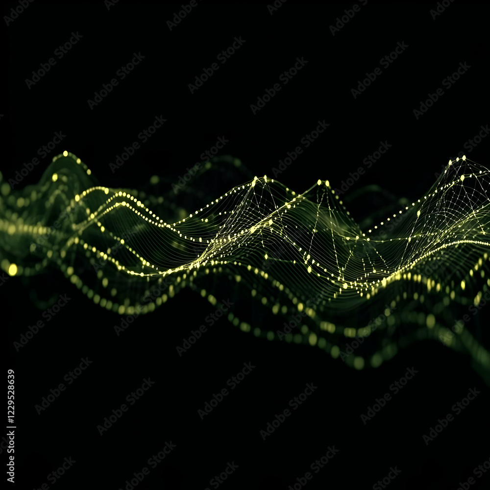 Obraz premium Abstract Green Wave Background Flows Smoothly with Glowing Dots and Lines in a Dark Environment.