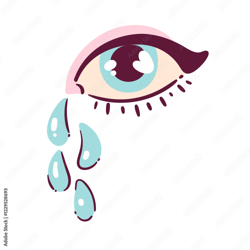 Fototapeta premium Crying female eye vector illustration. Sad emoji of eye with tears. Cartoon anti Valentine's day concept of resentment, pain and sadness.