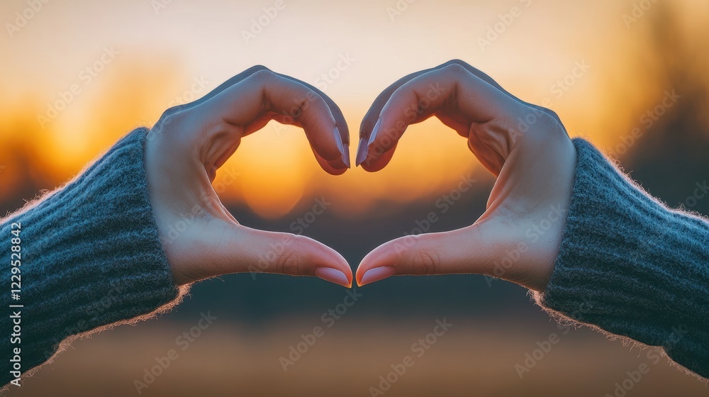 Obraz premium Hands Forming Heart Shape Against Warm Sunset Sky