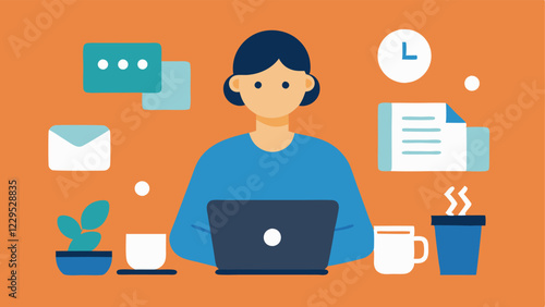 Virtual Assistant A person on a video call on their laptop managing tasks with a planner in front of them. Piles of paperwork and a coffee cup indicate their busy schedule.