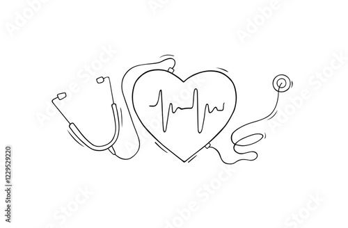 Heart health, cardiology concept with stethoscope listen patient heartbeat. Red heart with pulse line, electrocardiogram in doodle style, vector hand drawn illustration