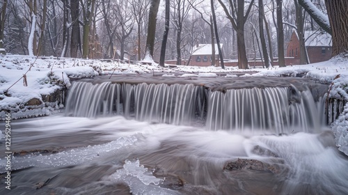 Serene winter scene of a flowing creek with cascading water, surrounded by snow-covered trees and a cozy cabin