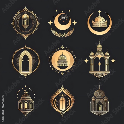 Set of Eid Mubarak Emblems Featuring Elegant Decorations and Calligraphy. photo