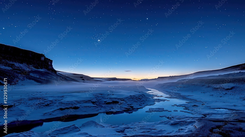 Naklejka premium Serene twilight landscape with a river winding through icy terrain under a starry sky