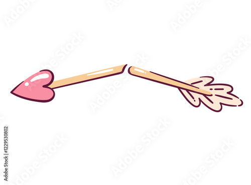 Broken cupid arrow with a heart. Anti Valentines day symbol. Hand drawn cartoon Cupid's arrow vector illustration, sign not love.