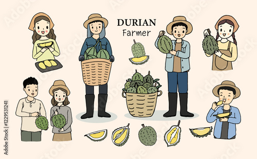 Durian farmer character set, hand drawn style vector illustration