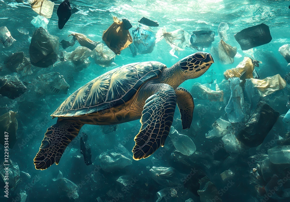 Obraz premium Sea turtle swimming through polluted ocean environment filled with plastic waste and debris, highlighting the serious issue of marine pollution and conservation awareness