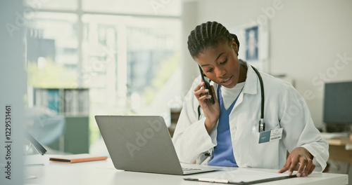 Woman, doctor and phone call with results in hospital, clinic or medical office with document, report or clipboard. Black person, healthcare and laptop for remote consultation of medicare information
