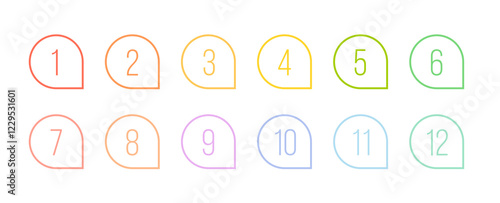 Bullet point numbers design element set. Colorful list markers collection, number 1 to 12.