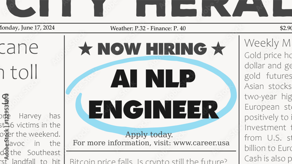 Obraz premium AI Natural Language Processing engineer software development career. Recruitment offer - job ad. Newspaper classified ad career opportunity.