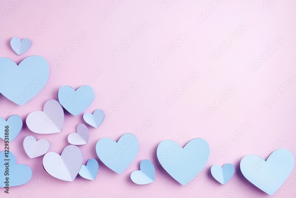 Pastel Blue and Pink Paper Hearts on Pink Background Pastel Blue and Pink Paper Hearts on Pink Background