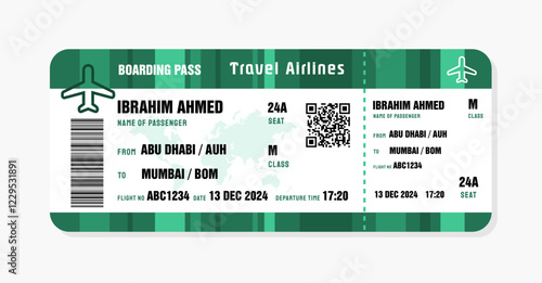 Ticket to Mumbai, India. Boarding pass template with generic data. Travel flight ticket vector illustration with QR code.