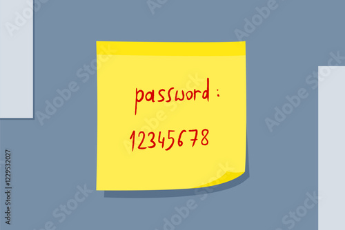 Computer password written down on paper. Yellow sticky note message. Paper sign.