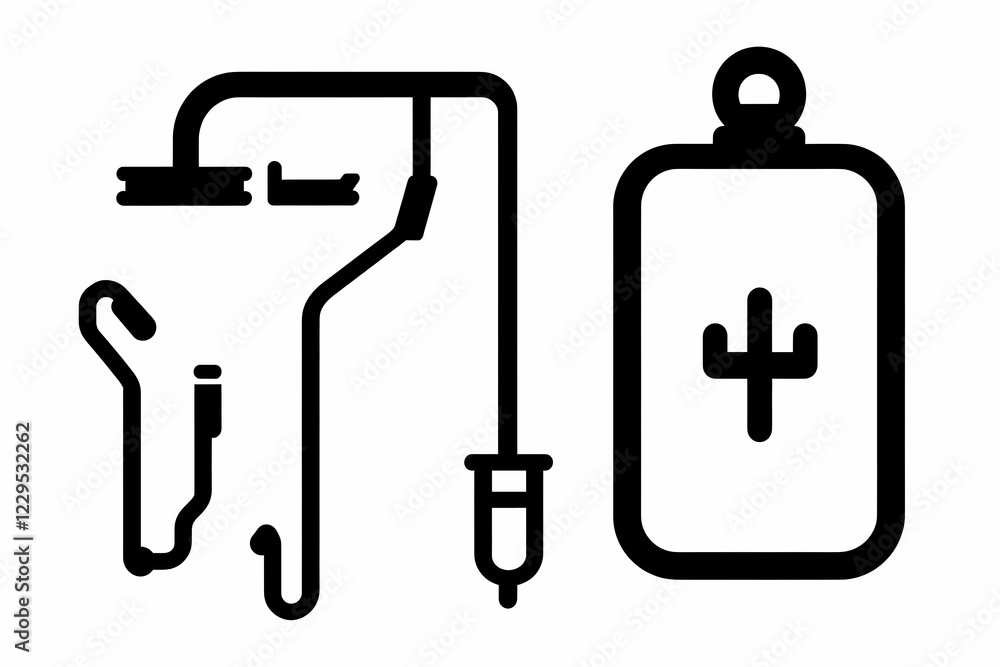 Intravenous IV Drip with Bag and Cactus Symbol Icon in Bold Black Outline Style Intravenous IV Drip with Bag and Cactus Symbol Icon in Bold Black Outline Style