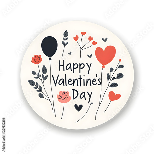 Circular Valentine's Day vector sticker with roses, balloons isolated on white