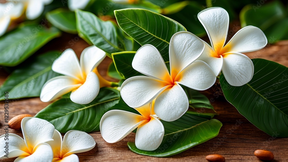 Fototapeta premium Serene white plumeria flowers for relaxation and spa