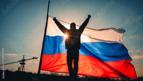 Silhouette of a man celebrating under russian flag photo