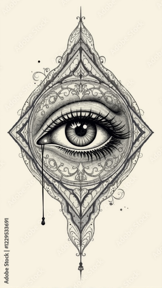 Obraz premium Intricate eye design with ornate patterns and a striking tear drop