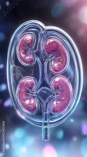 Glass Kidney Model Showing Internal Structures and Vessels with Detailed Rendering photo