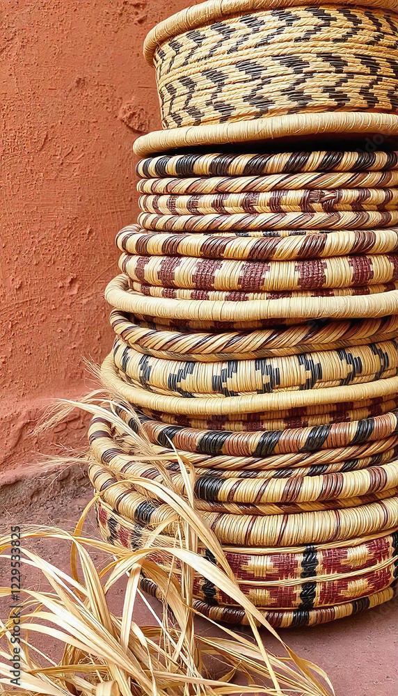 Obraz premium Stack of traditional African handwoven baskets against clay wall