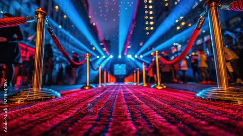 Vibrant red carpet leading to a glamorous event with bright lights and an excited crowd in the background