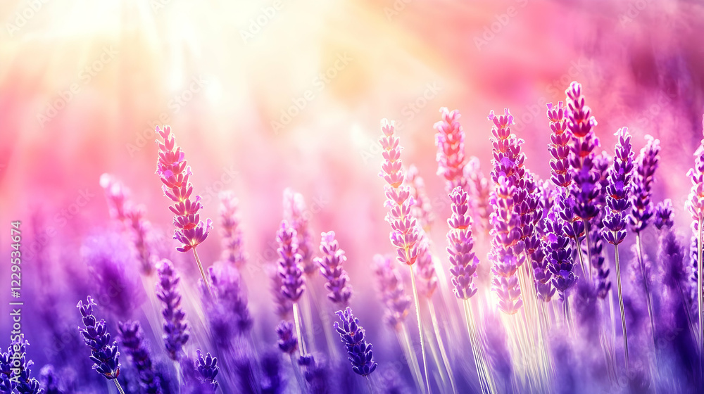 Obraz premium Lavender Flowers Bloom Vibrantly in a Dreamy Pastel Sunset Field