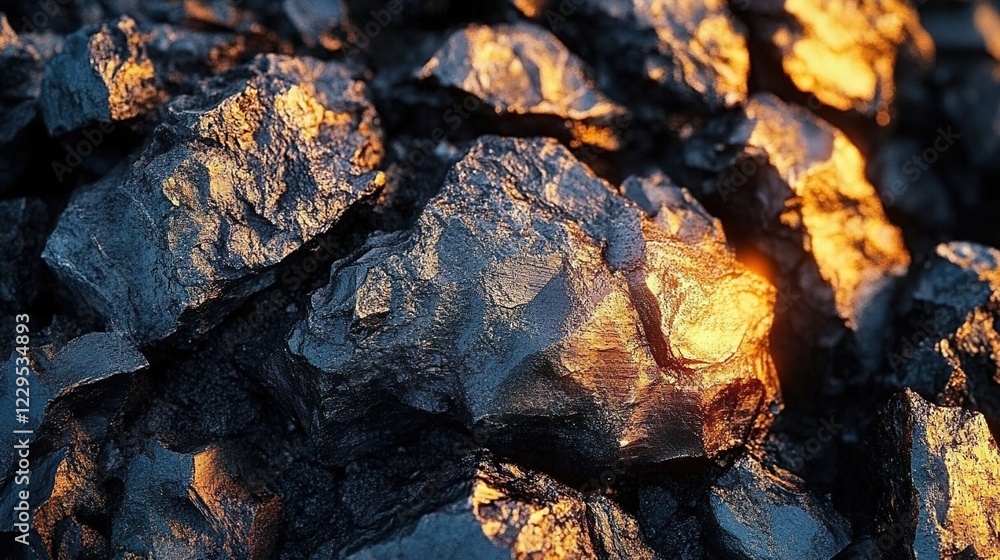 A close-up of the texture and color of coal, with its dark gray appearance, illuminated by golden sunlight, creating an atmosphere reminiscent of industrial landscapes A close-up of the texture and color of coal, with its dark gray appearance, illuminated by golden sunlight, creating an atmosphere reminiscent of industrial landscapes