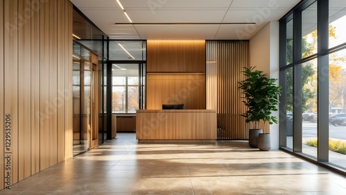 Wallpaper Mural Sophisticated office entrance with wooden accents and sunlight Torontodigital.ca
