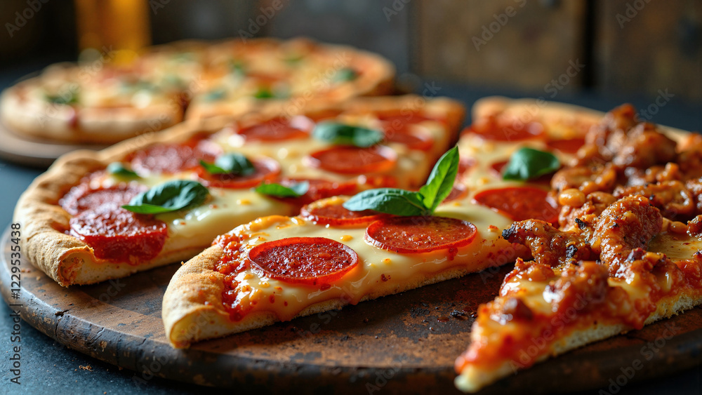 Artistic Arrangement of Assorted Pizza Slices on Rustic Wooden Boards for Restaurant Menus, Food Blogs, and Culinary Marketing Artistic Arrangement of Assorted Pizza Slices on Rustic Wooden Boards for Restaurant Menus, Food Blogs, and Culinary Marketing
