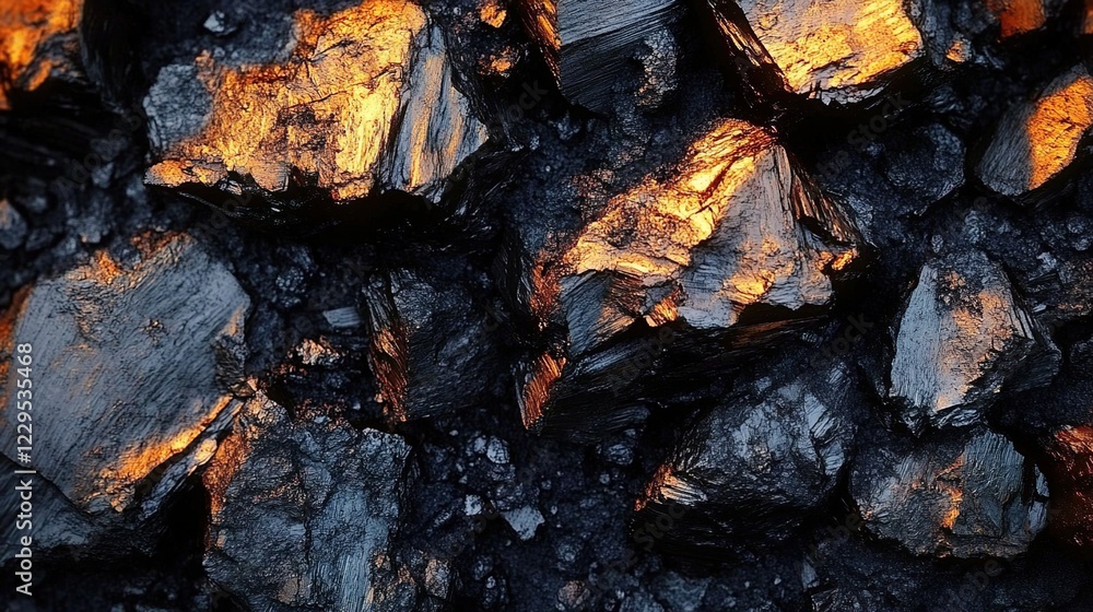 A close-up of the texture and color of coal, with its dark gray appearance, illuminated by golden sunlight, creating an atmosphere reminiscent of industrial landscapes A close-up of the texture and color of coal, with its dark gray appearance, illuminated by golden sunlight, creating an atmosphere reminiscent of industrial landscapes