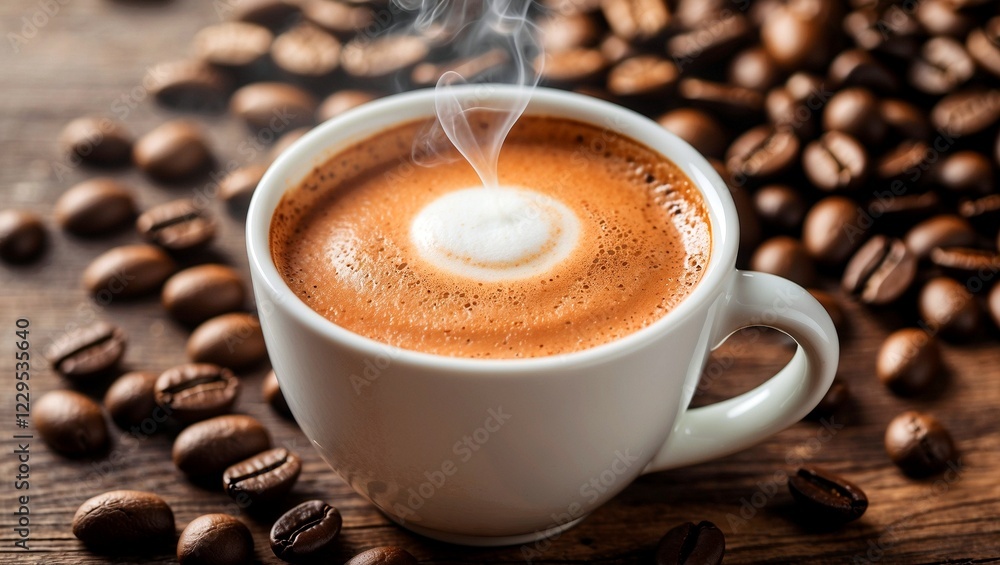 Steaming cappuccino in white cup with coffee beans Steaming cappuccino in white cup with coffee beans