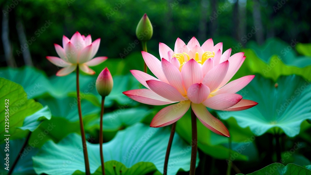 Fototapeta premium Stunning pink lotus flower against lush greenery