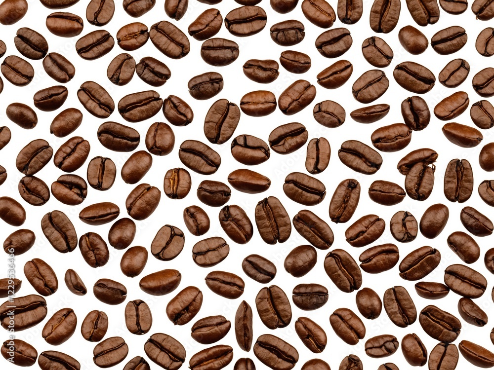 Obraz premium Multiple coffee bean scattered on white backdrop