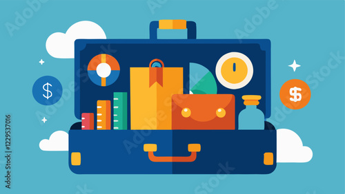 Travel Expenses An open suitcase filled with budget items including shares coins and transportation costs stressing how sharing economy services affect vacation budgeting.