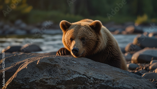 A bear cub sleeps on a rock by the river photo