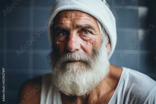 Portrait of a bearded senior man wearing a towel on his head like a turban photo