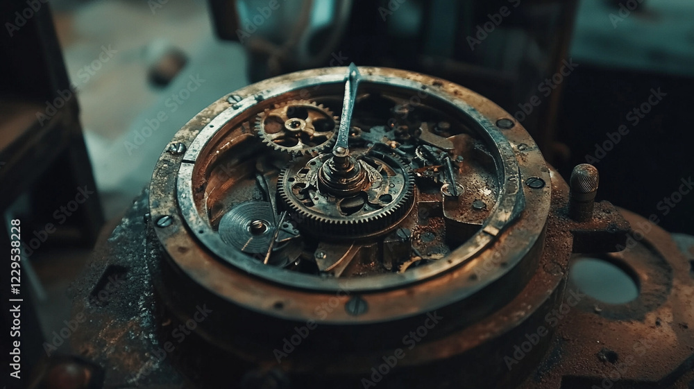 Fototapeta premium Intricate close-up of a vintage clock mechanism showcasing gears and springs in a dimly lit workshop