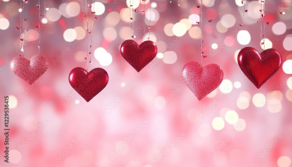 Romantic Red Glitter Hearts Hanging Against Sparkling Background Romantic Red Glitter Hearts Hanging Against Sparkling Background