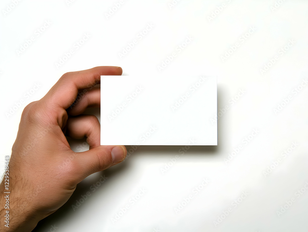 Obraz premium Hand Holds a Blank White Business Card Against a White Background for Mockup Design